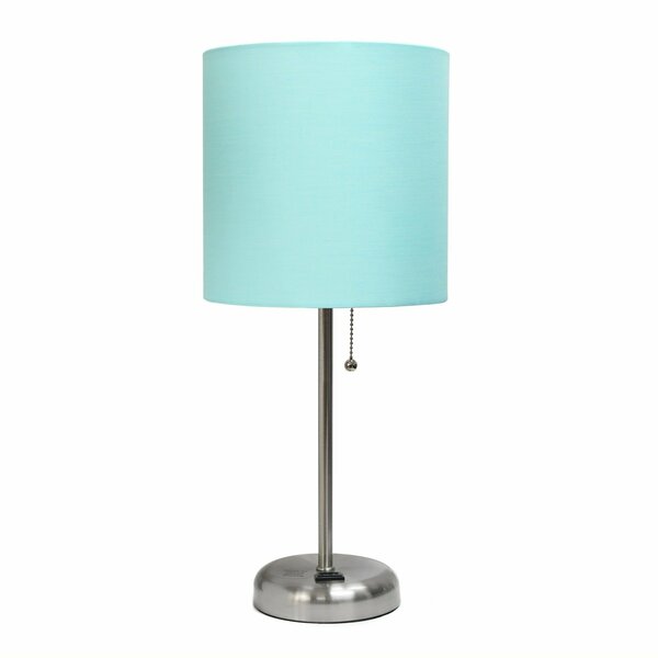 Creekwood Home Oslo 19.5in Contemporary Power Outlet Base Metal Table Lamp in Brushed Steel, Aqua Drum Fabric Shade CWT-2009-AU